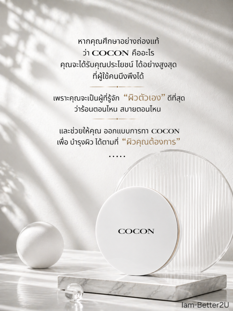 แต่หากคุณศึกษาอย่างถ่องแท้ ว่า cocon​ คืออะไร คุณจะได้รับคุณประโยชน์ ได้อย่างสูงสุด ที่ผู้ใช้คนนึงพึงได้ เพราะคุณจะเป็นผู้ที่รู้จัก​ "ผิวตัวเอง" ดีที่สุด ว่าร้อนตอนไหน สบายตอนไหน
และช่วยให้คุณ ออกแบบการทา cocon​ เพื่อ บำรุงผิว ได้ตามที่ "ผิวคุณต้องการ"